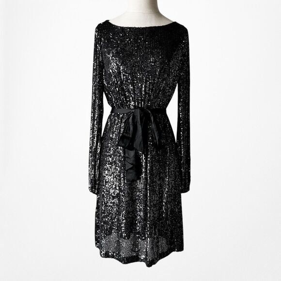 Vintage Y2K Black Long Sleeve Sequin Knee Length Tied Waist Dress Size M - Picture 3 of 7